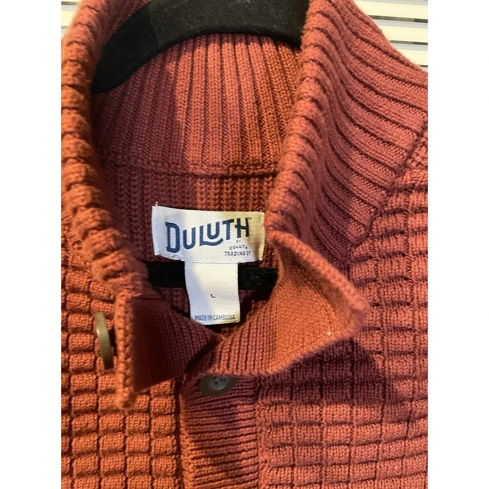 Duluth Trading Co Mens Large‎ Rust Orange Waffle Knit Mock Neck Button Sweater